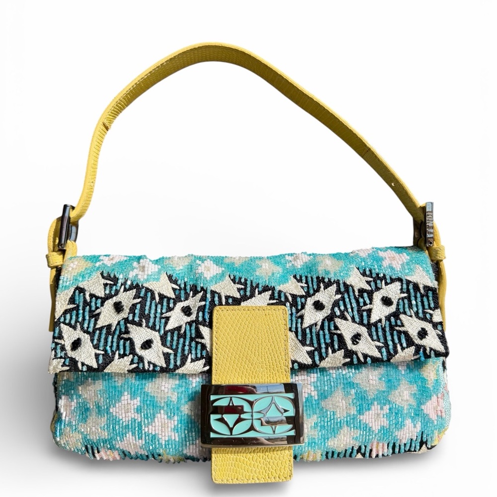 2000s Vintage Fendi Beaded Baguette Yellow Lizard Enamel FF